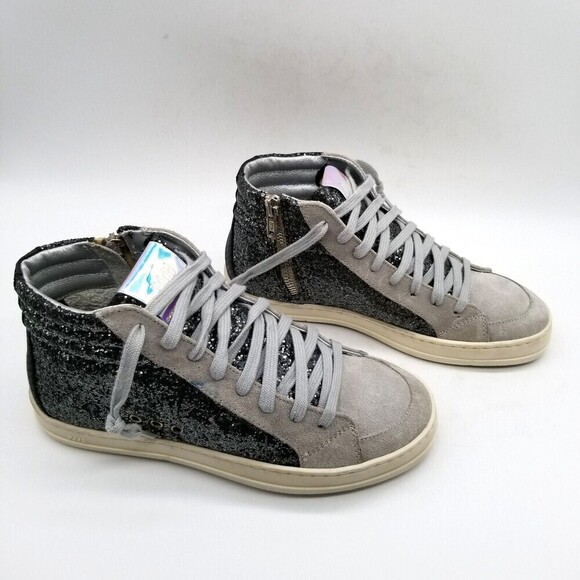 P448 Womens Gray Black Lace Up Skate Glitter  Mid Top  Sneaker Shoes Size 5 - Picture 2 of 6